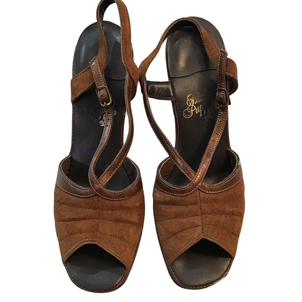 Vintage 1970s Brown Suede Peep Toe Sligback Heels Size 8